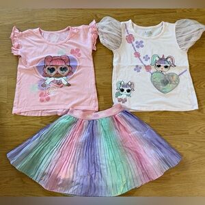 Pre Owned LOL Surprise Colorful Kids' Outfit Set with Graphic Tees and Skirt
